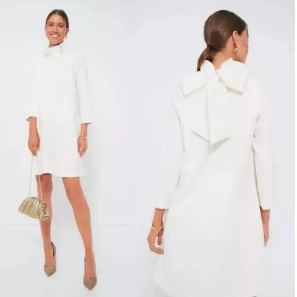 Tuckernuck Daphne Ruffle High Neck Shift Dress Bow Back Tie ivory size S